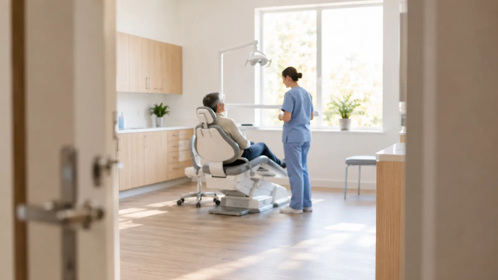 A patient talking with a hygienist in a bright dental check-up room